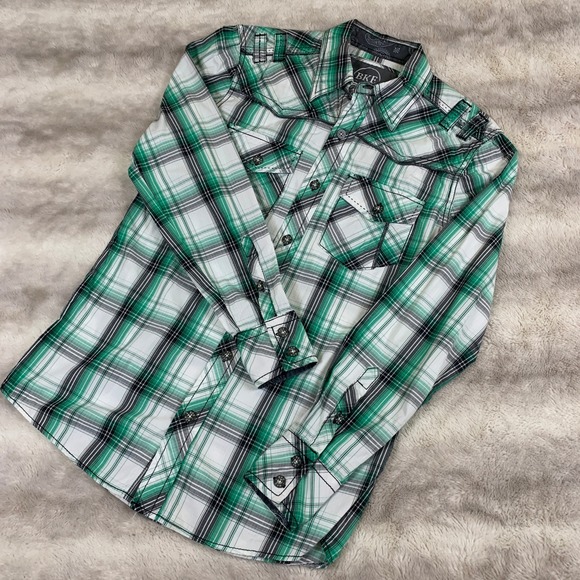 BKE Tailored Fit Mens Small Green Plaid Western Button Down Shirt Long Sleeve - Picture 2 of 10